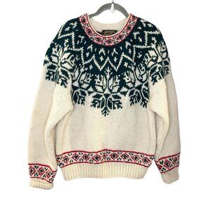 Vintage 90s Eddie Bauer Sweater 100% Wool Nordic Fair Isle Chunky Snowflake L